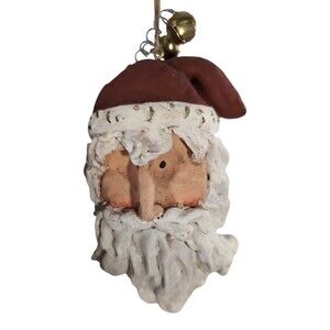 Vintage Hand Carved Wood Santa Ornament With Bells Made In Philippines 5"x3"